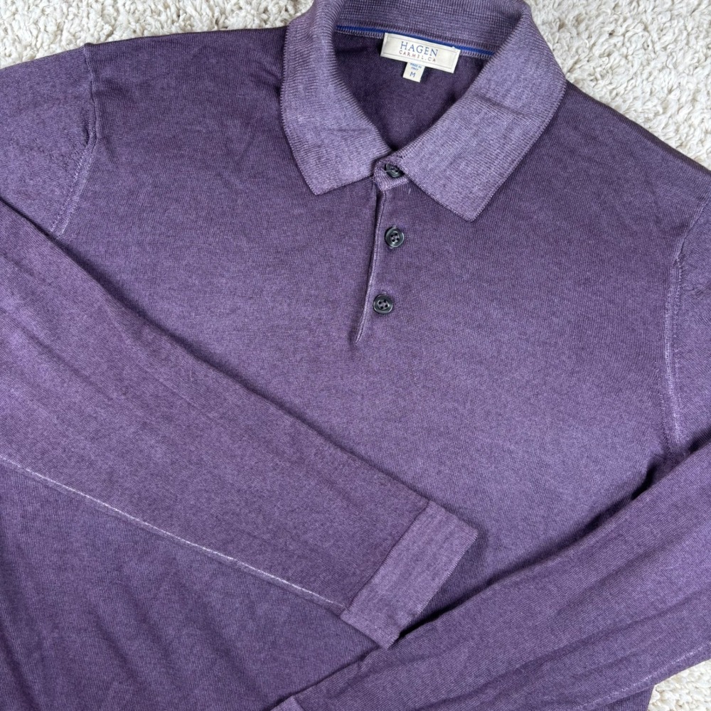 Hagen Mens Polo Sweater M Purple Wool Long Sleeve Italy Knit Quiet Luxury Preppy